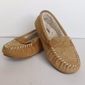 Minnetonka Tan Suede Faux Fur Moccasins Slippers rubber sole Women's Size 9 M